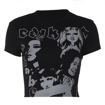 Cool Girl Trumpas Rankovės 90s Apkarpyti viršūnes Portretas spausdinti Goth drabužių Y2k Moterų hip-hop Streetwear Kūdikių Tee Retro emo Rock T-shirts