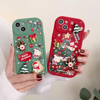 3D Linksmų Kalėdų Santa Medis Mielas Telefono dėklas skirtas iphone 14 ir 13 Pro Max 12 11 X XS XR Minkštas Animacinių filmų Padengti Naujųjų Metų Dovana
