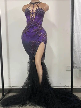 Elegante Violetinė Crystal Sexy Ilga Mermaid Dress Moterų Rave vakarėlių Šventė Aukštos Ritininės kratinys Gale Suknelė Etape Kostiumas
