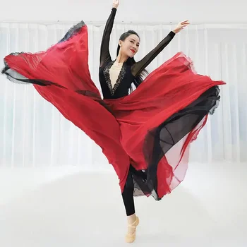 Kinijos klasikinės etninės stiliaus dvisluoksnį teka sijonas su dideliais swing šokių praktikos vienodas ilgas sijonas