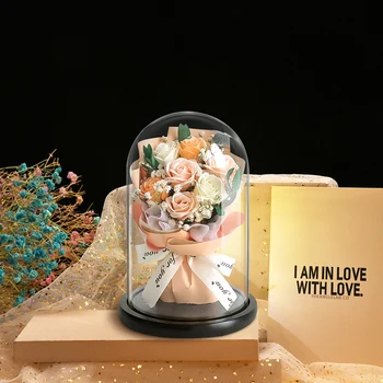 Konservuotos Gėlės Stiklo Kupolas, Džiovintų Gėlių Puokštė su Šviesos Gvazdikų Tulpių Sausų Gėlių Dekoracija Mama Draugės Žmona