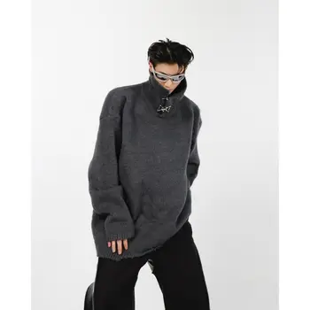 Korėjos stiliaus nišą stand-up apykaklės, metalinės sagties dizaino megztinis prarasti dizaino high-end sutirštės megztinis reitingo viršūnės vyrų y2k