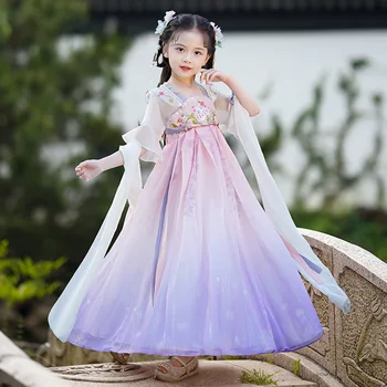 Liaudies Šokio Spektaklis Merginos Violetinė Siuvinėjimo Suknelė Senovės Kinų Kostiumas Vaikams Pasakų Hanfu Drabužiai