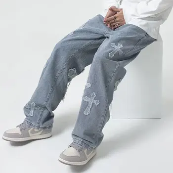 Mados Kelnės Cross Džinsinio Audinio Kelnės Streetwear Hip-Hop Žemas Augimas Baggy Jeans Krovinių Kelnės Punk Aprengti