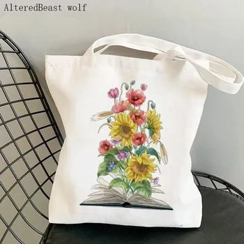 Moterų Shopper bag Atvira knyga su gėlių Spausdinti meno Maišelį Harajuku Pirkinių Drobės Shopper Bag mergina rankinę Nešti Peties Lady Krepšys
