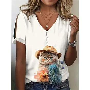 Naujas Moterų 3D T-Shirt V-Kaklo, ilgomis Rankovėmis Kawaii Cute Kačių Spausdinti Balta Tees Mados Atsitiktinis Streetwear Rudens Žiemos Drabužių Y2k