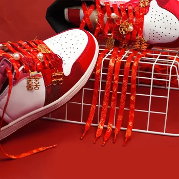 Naujos Mados Nešiojamų Asmenybės Kinijos Stiliaus Raudonų Batraiščių Vestuvių Batų Raišteliais Vyrų, Moterų Sportbačiai Mažai viršuje Drobės Shoestrings