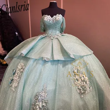 Quinceanera Suknelės 3D Gėlės, Gėlių Appliques Nėrinių Kamuolys Suknelė nuo Peties Korsetas, Vestidos De XV Anos