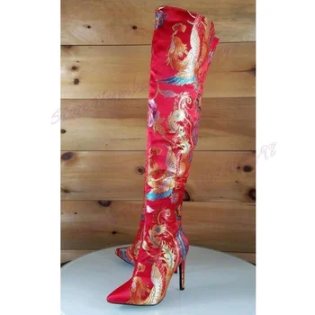Raudona Satino Siuvinėjimo Kelio ilgi Batai Pažymėjo Tne Batai Moterims, Stiletai, Aukšti Kulniukai Sexy Lady Batus 2024 Zapatos Para Mujere
