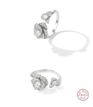 Rožių gėlių 925 Sterlingas Sidabro Žiedai, Pirštas Moterų Reguliuojamas Design Premium Imituoti Deimantų Žiedas Vestuves Papuošalai