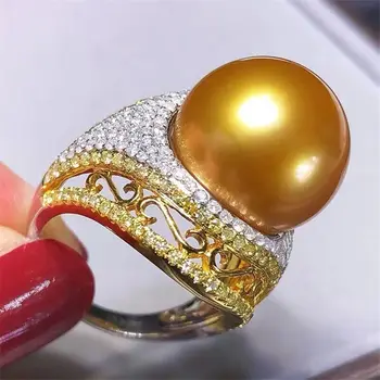 Spalvingas didelės AAAA 13-12mm apvalus natūralus Pietų Kinijos Jūroje aukso perlas žiedas reguliuojamas