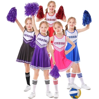 Vaikai Cheerleaders Kostiumas Mergaitėms Cheerleader Uniformas Nudžiuginti Šokių Apranga, Suknelė su Gėlių Kojinės