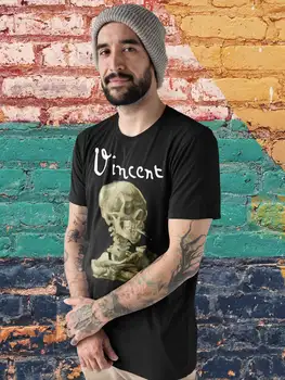 Van Gogh Skeletas Tee Goth Punk Menininkas Marškinėliai Cigarečių
