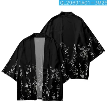 Vasaros Tradicinių Pora Moterų, Vyrų Japonijos Streetwear Gėlių Atspausdintas Juodos Spalvos Kimono Paplūdimio Šortai Cardigan Yukata