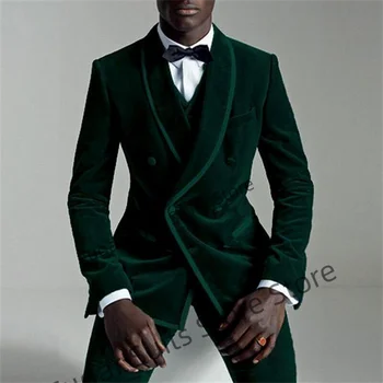 Žiemos Green Velvet Elegantiškas Kostiumai Vyrų Slim Fit Dvigubo breasted Jaunikis Tuxedos 2 Vienetų Rinkinių Atsitiktinis Vyras Švarkas Kostiumas Homme